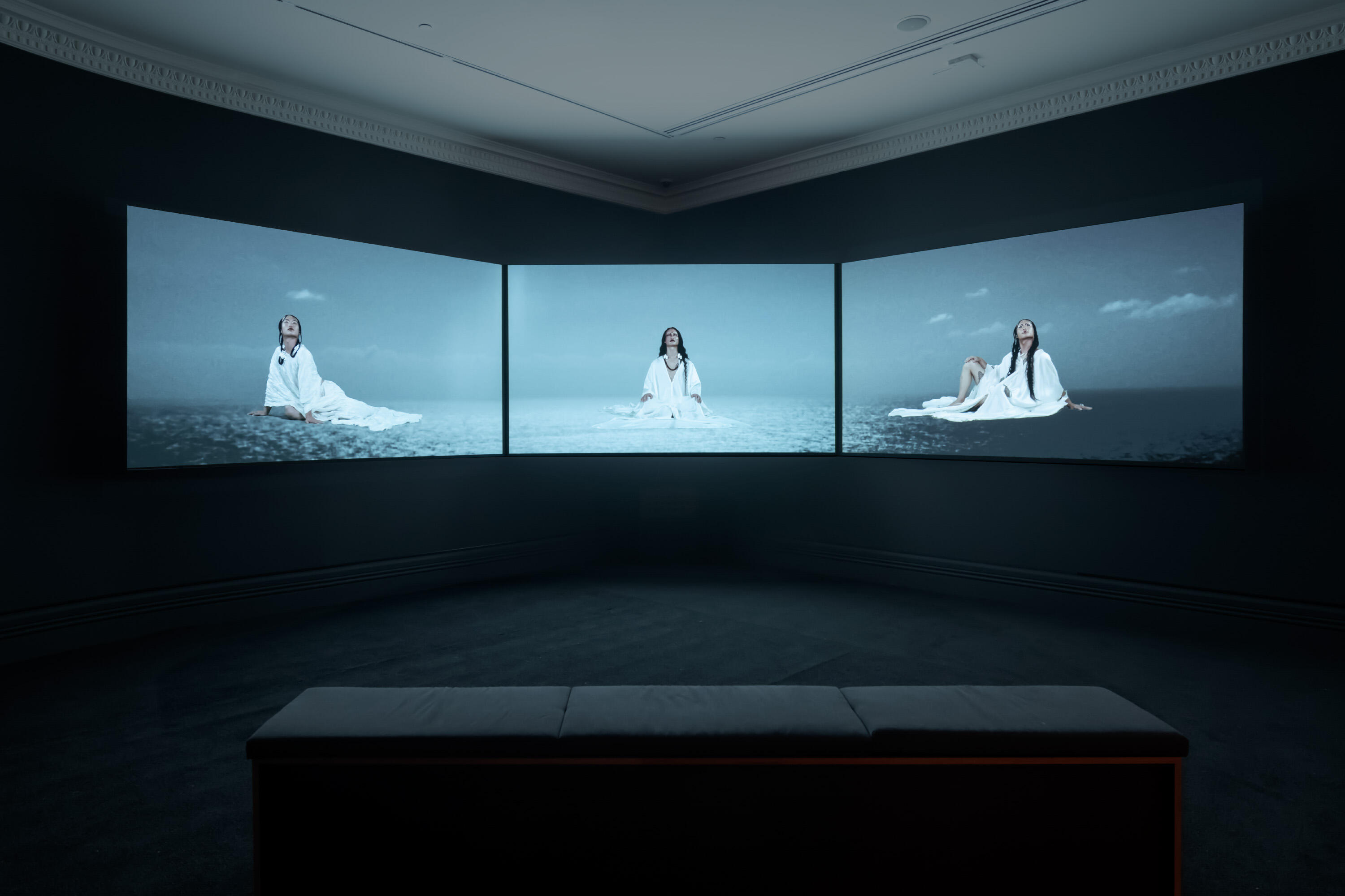 <p>Qianye and Qianhe Lin,&nbsp;<em>The Good You</em>, 2024, three-channel moving image installation, colour, sound,&nbsp;10:24 min, installation view, Auckland Art Gallery Toi o Tamaki, 2024.&nbsp;Commissioned by Auckland Art Gallery Toi o Tamaki, 2024. Courtesy of the artists.&nbsp;</p>
