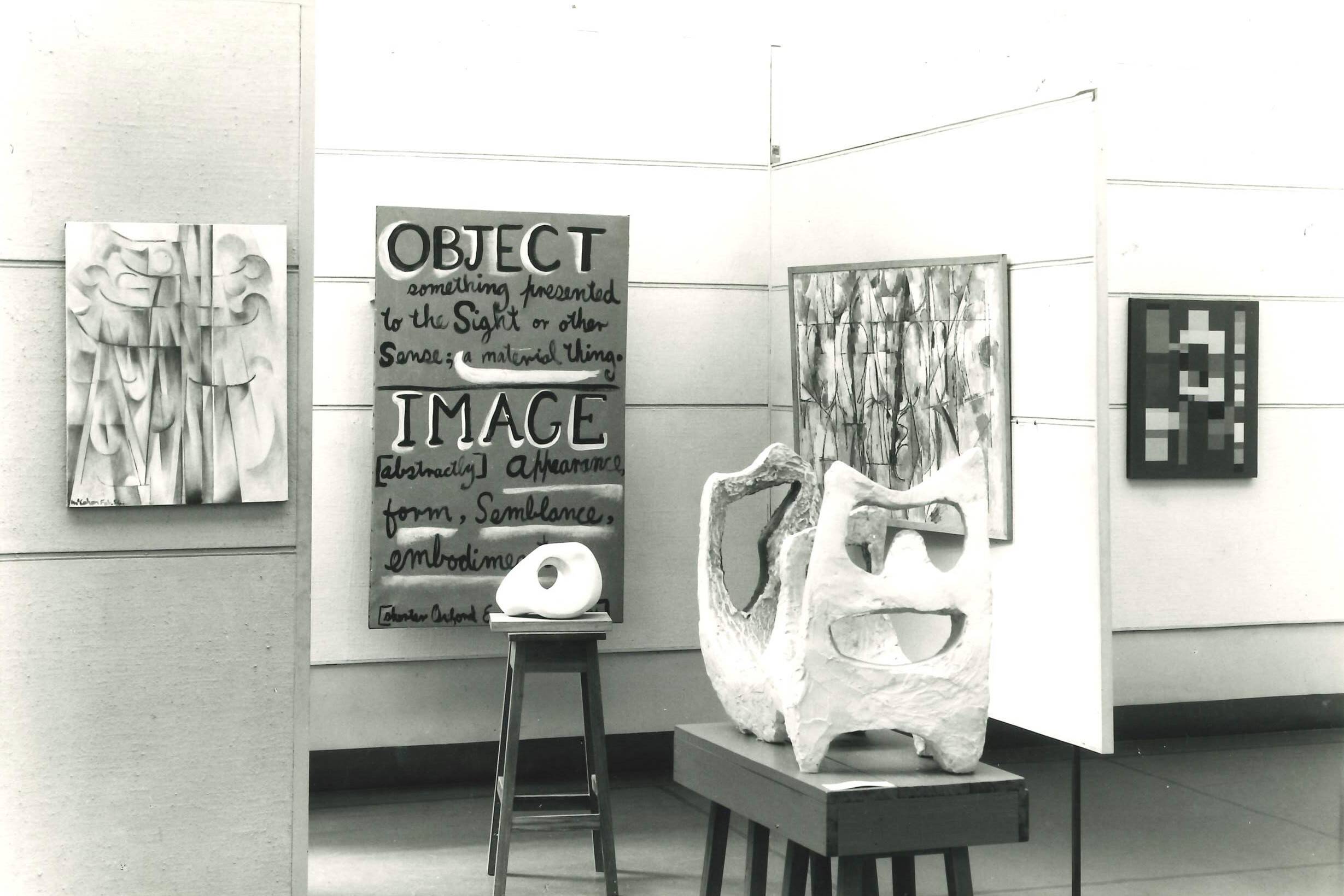 <p>The earliest original installation photograph found, depicting the exhibition <em>Object and Image</em>, 1954. RC2015/5/3/101</p>