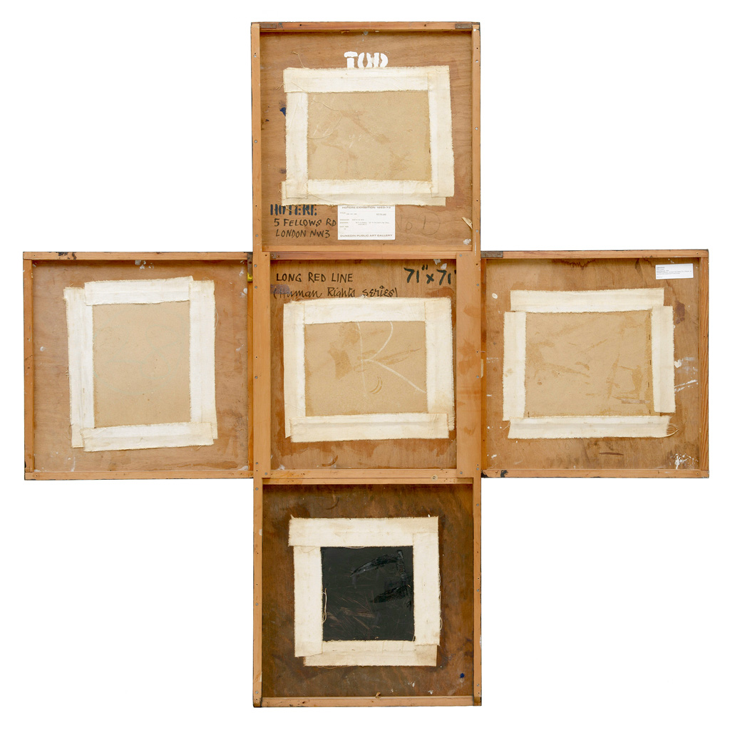 <p>Ralph Hotere, <em>Long Red Line</em>, 1964 (reverse), PVA on cardboard and plywood boxes, Chartwell Collection, Auckland Art Gallery Toi o Tāmaki, gift of Bill Cocker (1939&ndash;2011) and Finola Cocker (1936&ndash;2019). By permission of the Hotere Foundation Trust</p>