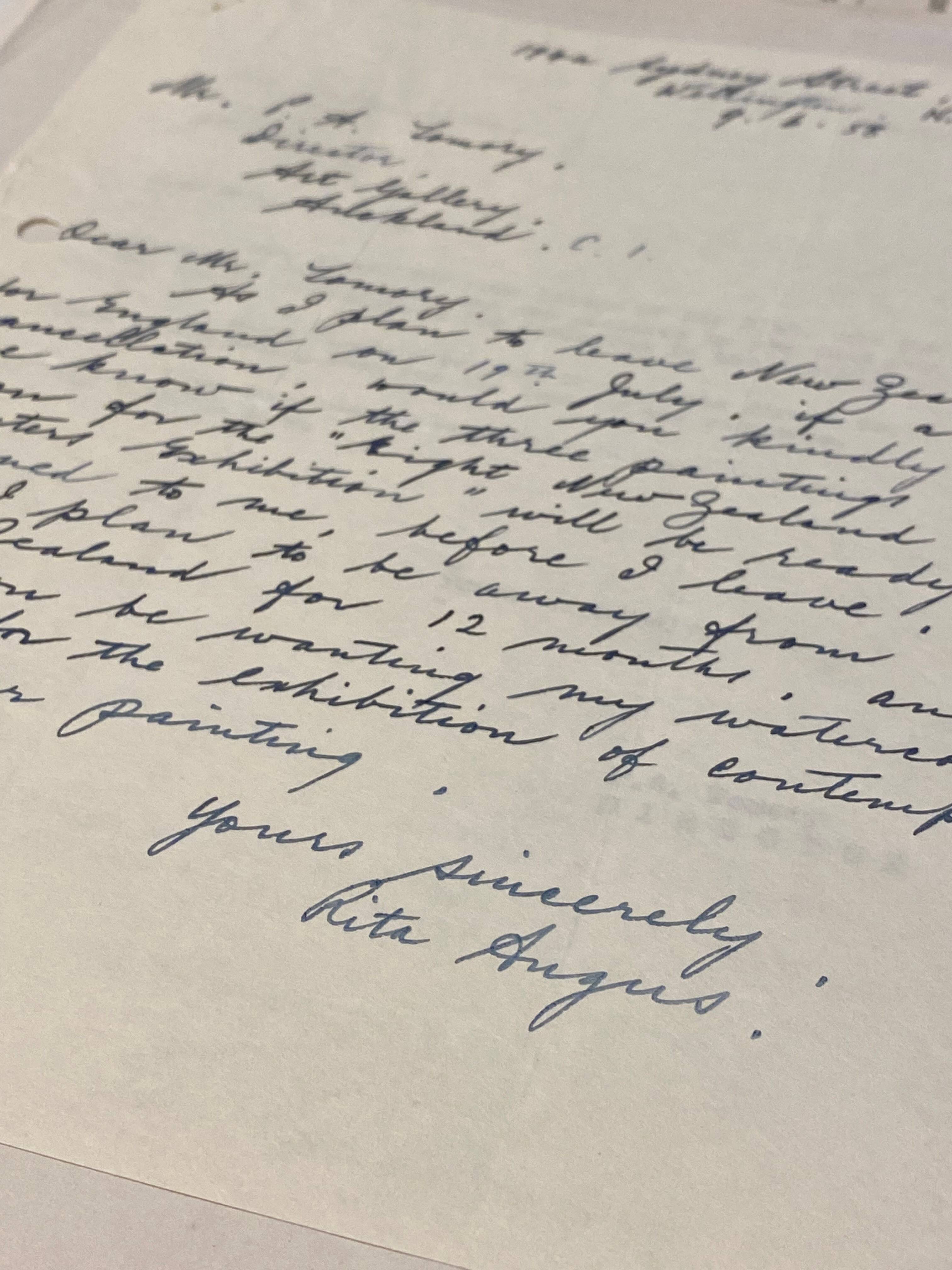 <p>An original handwritten letter from Rita Angus, relating to <em>Five New Zealand Watercolourists</em>, 1958. RC2015/5/3/130</p>