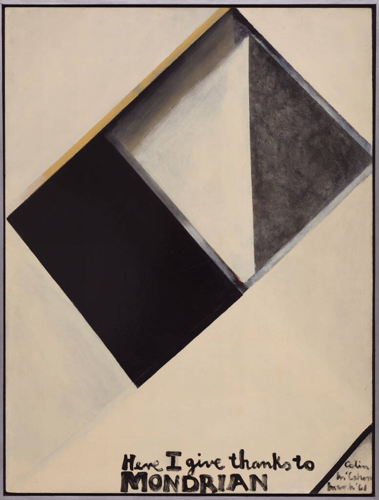 <p>Colin McCahon,&nbsp;<em>Here I give thanks to Mondrian</em>, 1961, oil (alkyd) on hardboard, Auckland Art Gallery Toi o Tāmaki, gift of the Friends of the Auckland Art Gallery, 1964&nbsp;</p>
