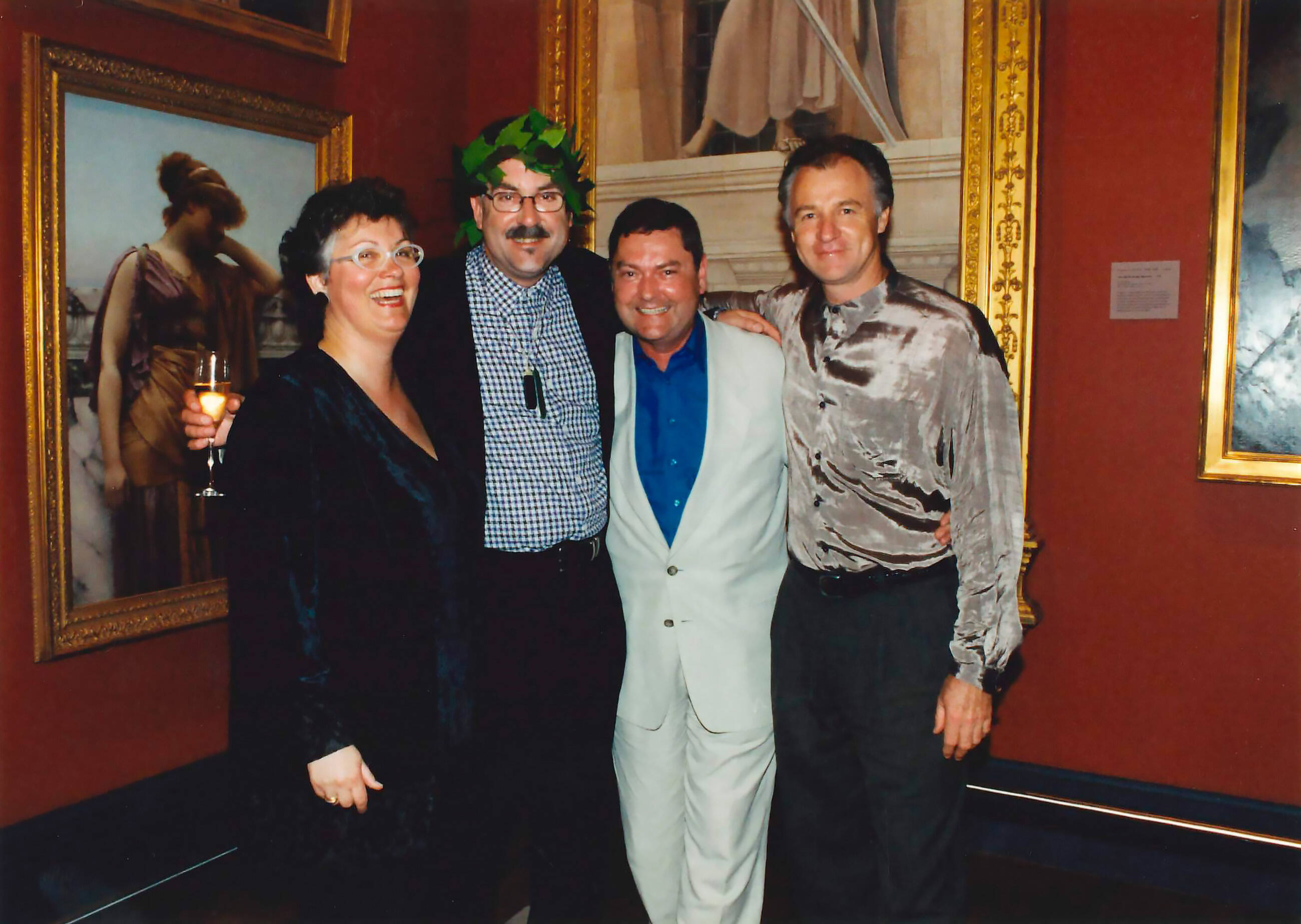 <p>Ron with Alexa Johnston, Roger Blackley and Andrew Bogle at Roger Blackley&#39;s farewell, Auckland Art Gallery Toi o Tāmaki, 1998.&nbsp;</p>