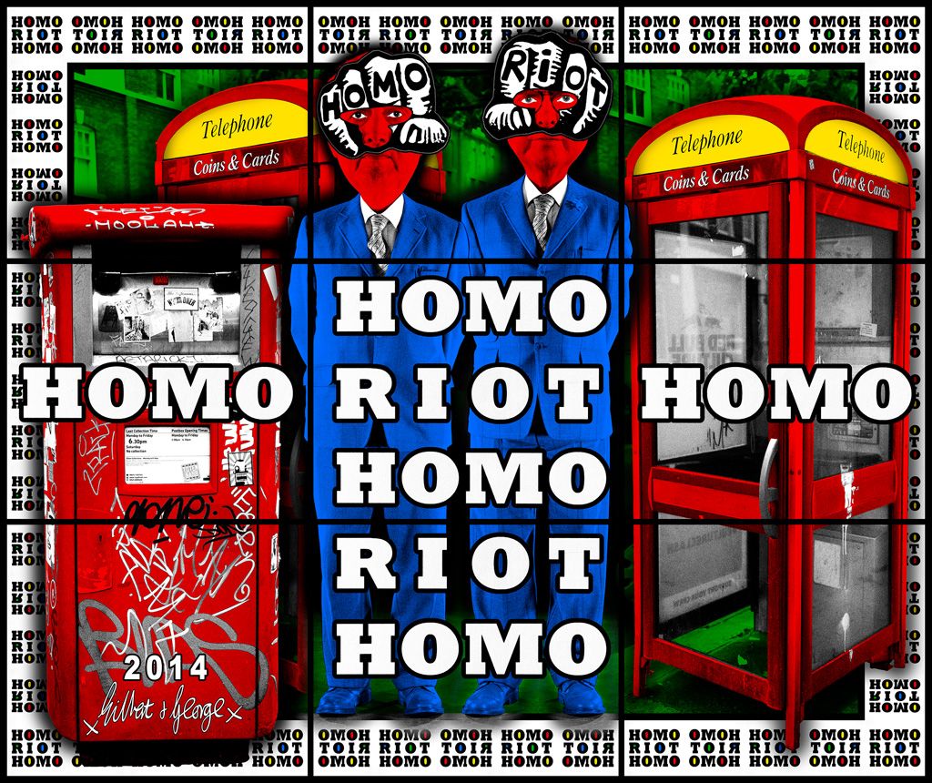 <p>Gilbert &amp; George, <em>HOMO RIOT HOMO</em>, 2014, digital prints on paper, courtesy of Gilbert &amp; George&nbsp;</p>