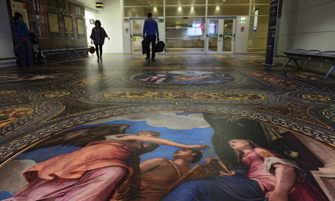 <p>Simon Denny&rsquo;s floor installation at Marco Polo Airport</p>