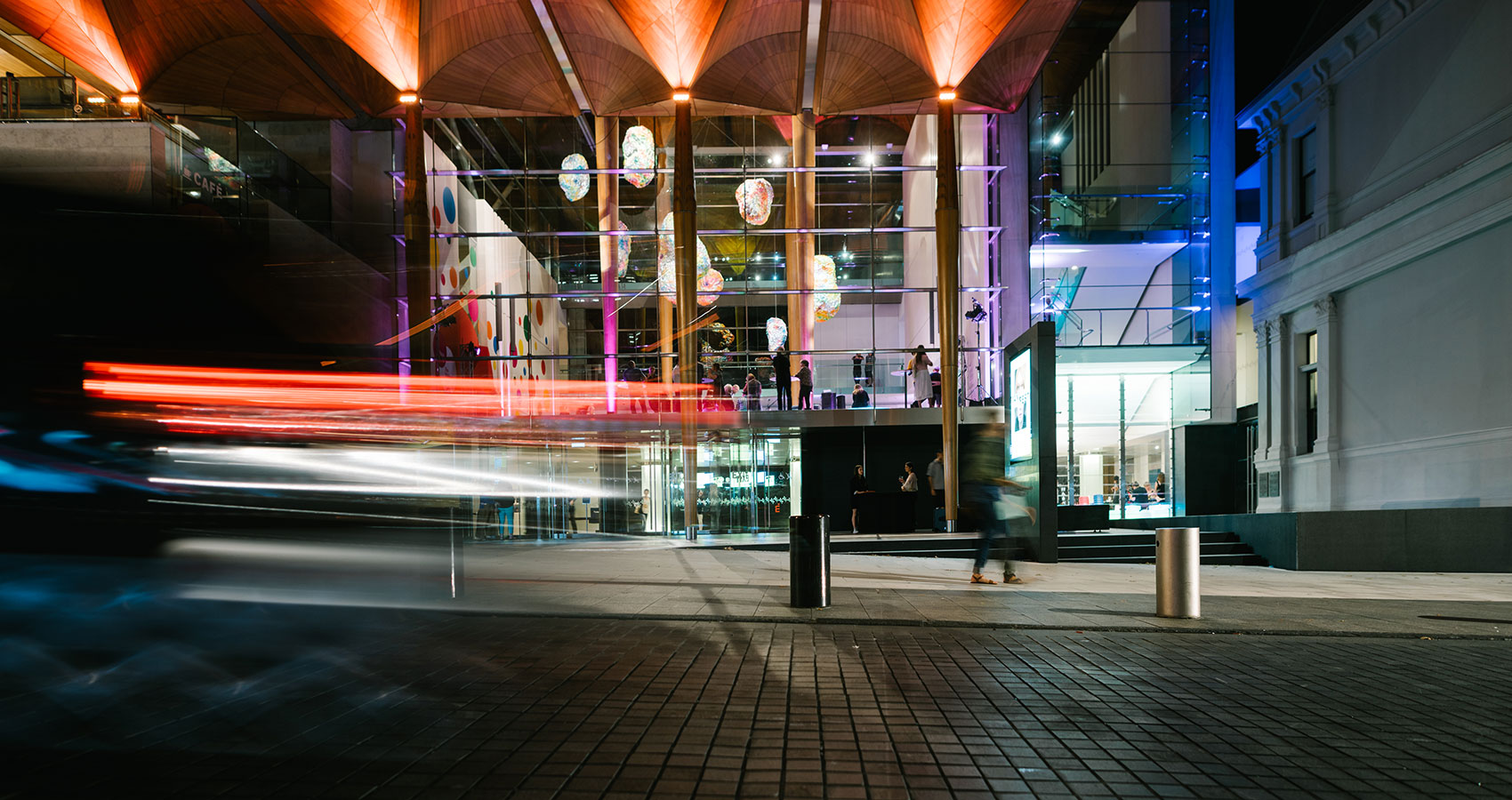 <p>The exterior of Auckland Art Gallery at night.</p>