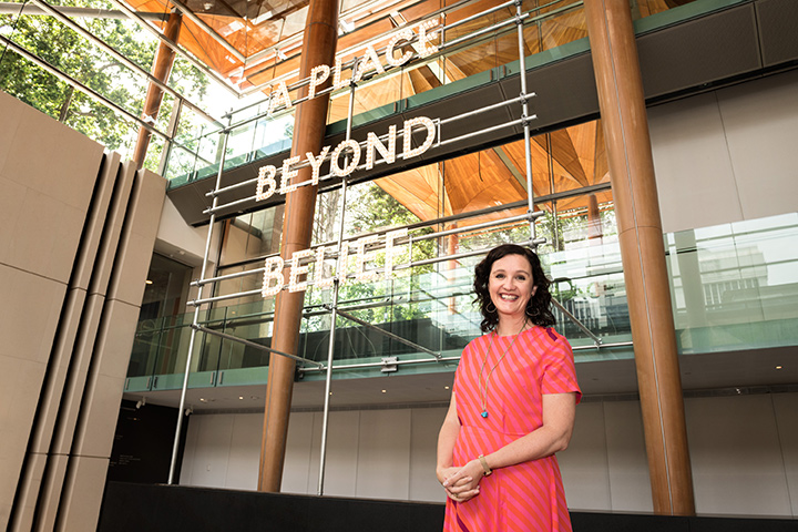 <p>Image: Auckland Art Gallery Director, Kirsten Paisley, with newly acquired artwork: <strong>Nathan Coley</strong>, <em>A Place Beyond Belief</em>, 2012, Auckland Art Gallery Toi o Tāmaki gift of the Auckland Contemporary Art Trust.</p>
