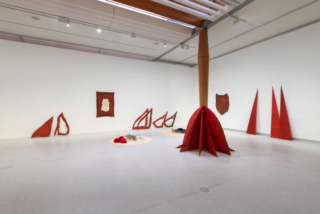 <p>Pauline Rhodes, <em>Pleasure &amp; Pain</em>, 1980&ndash;2019 (installation view), painted and stained plywood, painted and stained canvas, silk, stained cotton, matagouri cuttings, Auckland Art Gallery Toi o Tāmaki, purchased with the assistance of Michael Lett Gallery, Auckland, 2020</p>
