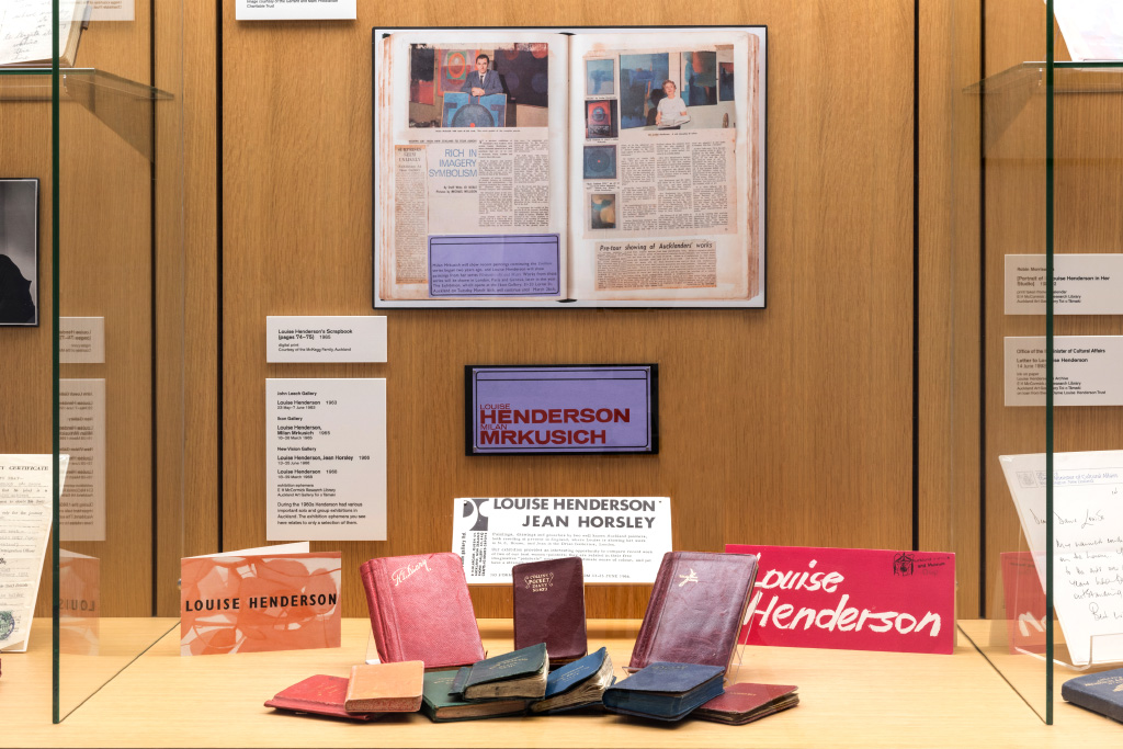 <p><em>Louise Henderson: A Life in the Archive</em> installation view, 2019, showing exhibition invitations from the Louise Henderson artist file</p>