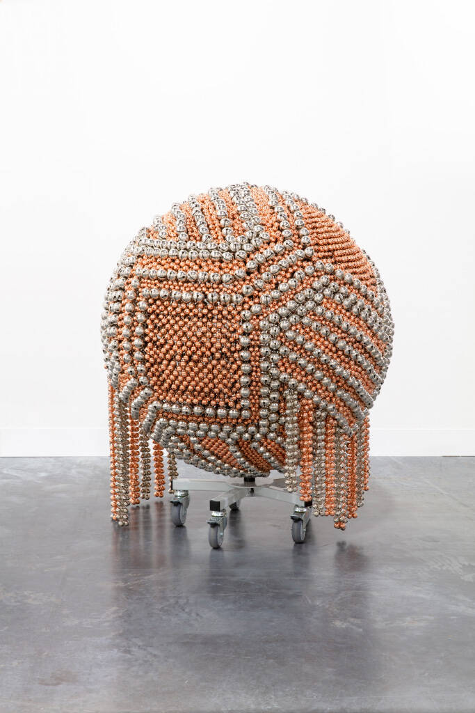 <p>Haegue Yang, <em>Sonic Sphere (Diagonally Ornamented Copper and Nickel)</em>, 2015, powder-coated steel stand, powder-coated metal grid, casters, copper and nickel plated bells, metal rings, Auckland Art Gallery Toi o Tāmaki, purchased 2022. Image courtesy of the artist and Galerie Chantal Crousel, Paris. Photography by&nbsp;Sebastiano Pellion di Persano</p>
