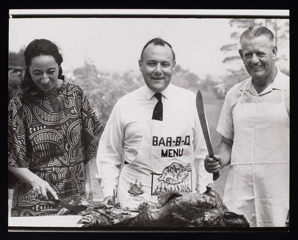 <p><a href="https://www.aucklandartgallery.com/explore-art-and-ideas/archives/19613/item/36899"><em>Muldoon at Barbecue, 1968</em></a>, black and white photographic print&nbsp;</p>
