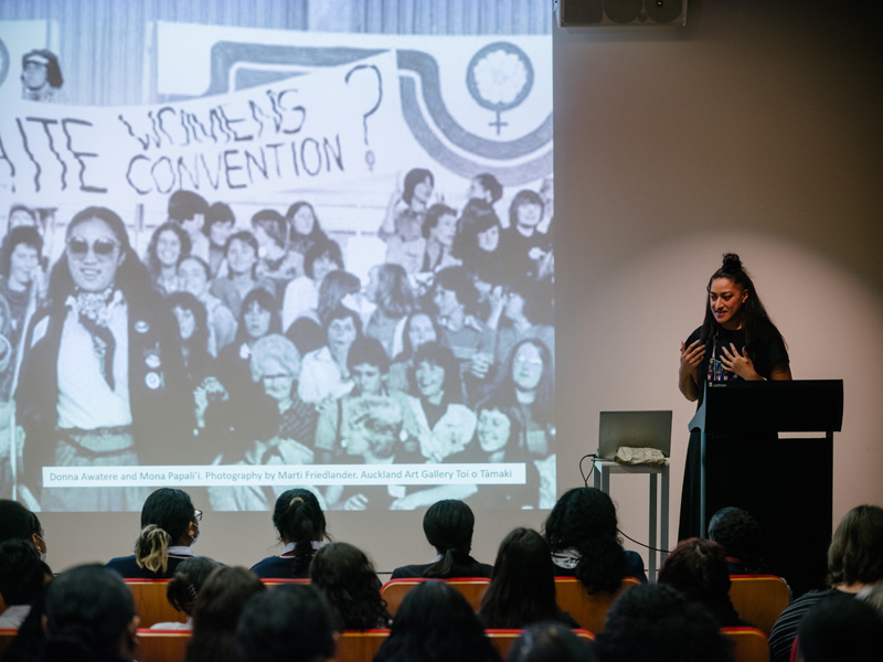 <p>Ane Tonga, Curator, Pacific Art, introduces&nbsp;ākonga to&nbsp;<em>Declaration: A Pacific Feminist Agenda</em></p>