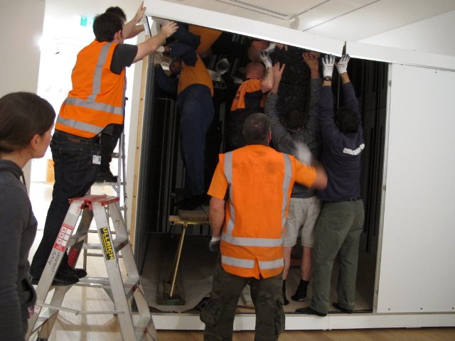 <p>2011:&nbsp;<a href="http://www.aucklandartgallery.com/whats-on/exhibition/whizz-bang-pop">Whizz Bang Pop</a>. Installing Luc Piere&rsquo;s&nbsp;Tower,&nbsp;1973 in the Parkview Gallery.</p>
