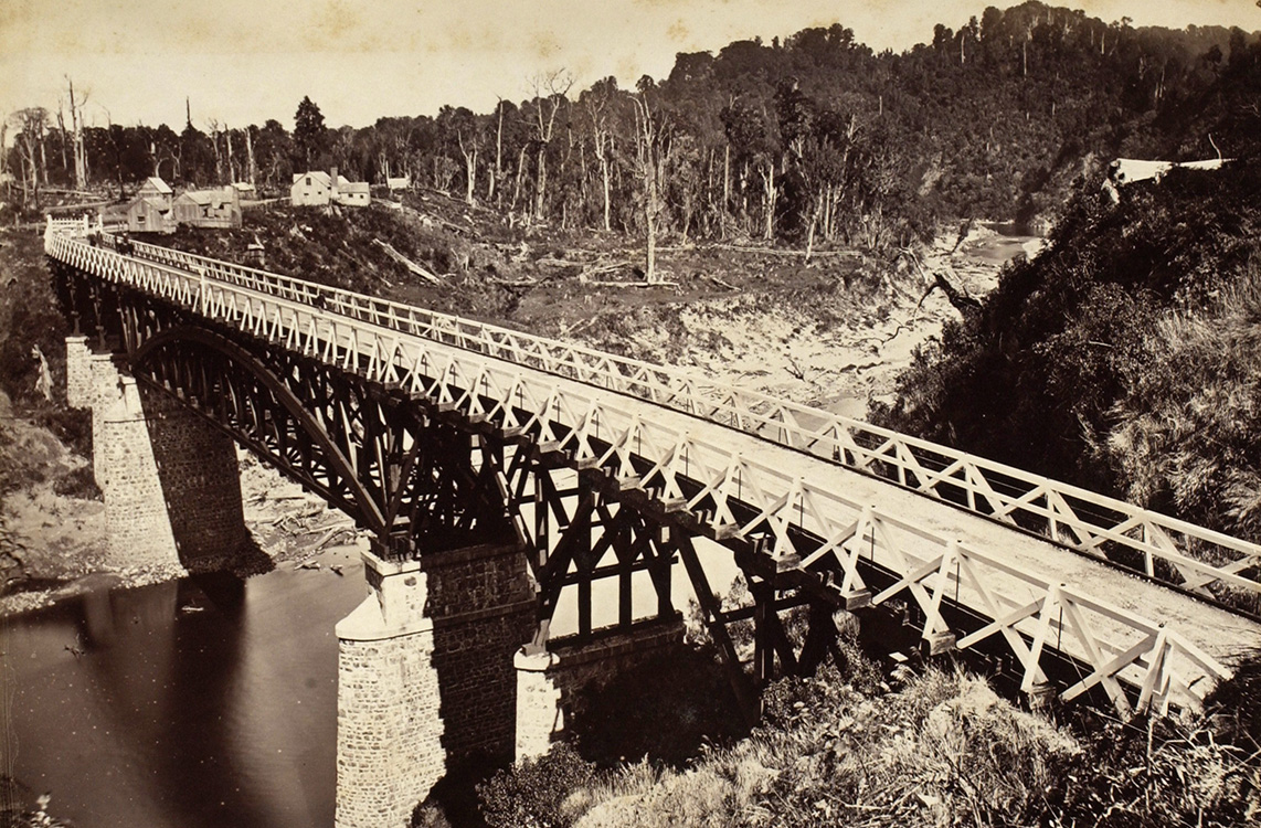 <p><strong>Unknown</strong><br />
<em>Untitled #20 [Manawatu Gorge bridge]</em>, c1898&nbsp;<br />
from:&nbsp;<em>The Wonderland Album: New Zealand</em><br />
Auckland Art Gallery Toi o Tamaki<br />
The Ilene and Laurence Dakin Bequest, purchased 1999</p>