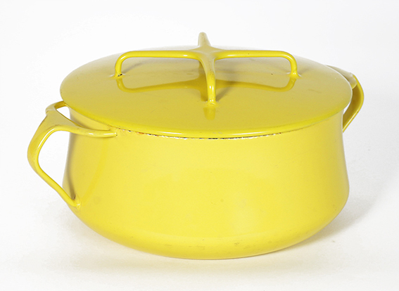<p>Jens Quistgaard (1919&ndash;2008)<br />
Manufactured by Dansk International Designs (est 1954)<br />
New York, United States of America</p>

<p><em>Casserole from &lsquo;Kobenstyle&rsquo;-Line</em></p>

<p>1954 (designed), enamelled steel<br />
on loan from a private collection</p>

<p><em>Kobenstyle</em> is the result of a collaboration with an American businessman named Ted Nierenberg, who strove to build a business that was &lsquo;creative, customer-oriented and fun&rsquo;. Mass-produced in Denmark for a specifically American post-war market, Kobenstyle was marketed for its quintessentially &lsquo;Scandinavian&rsquo; use of materials, efficiency, ease of use and functionality for the burgeoning middle-class home. Although production halted in 1984, the line has enjoyed a recent resurgence, appearing in television shows such as Mad Men to illustrate the stylistic trends in American homes in the post-war period. &nbsp;&nbsp;</p>