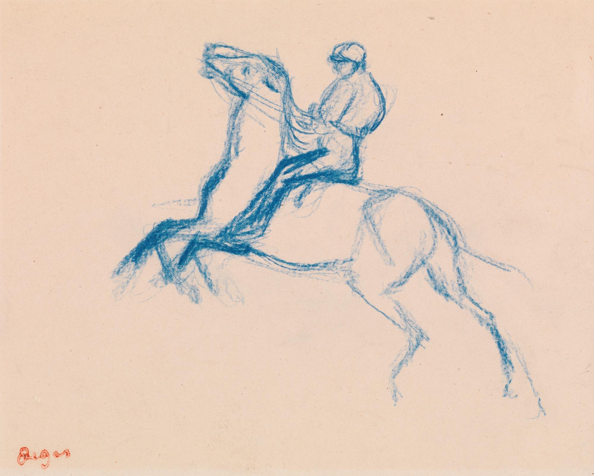 <p>Edgar Degas,&nbsp;<em>Jockey on Horse</em>,&nbsp;circa 1866&ndash;72, blue crayon on wove paper,&nbsp;The Barnes Foundation, BF637.</p>
