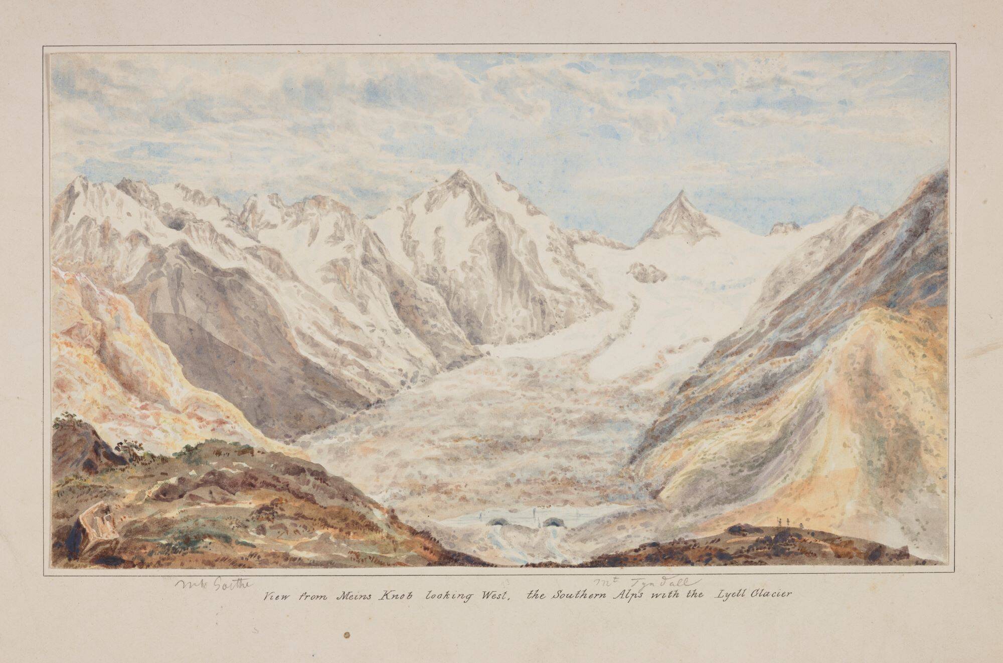 <p>Johann Franz Julius von Haast, <em>View from Meins Knob looking West, the Southern Alps with the Lyell Glacier</em>, 1867, Alexander Turnbull Library, National Library of New Zealand Te Puna Mātauranga o Aotearoa, A-149-003.</p>
