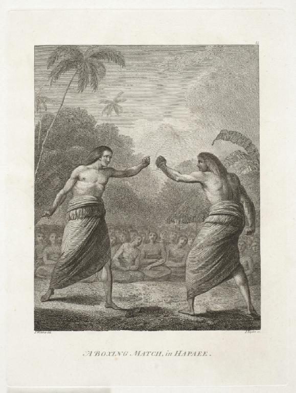 <p>Faiva fuhu (performance art of boxing)</p>

<p><strong>John Webber</strong><br />
<em>A Boxing Match, in Hapaee</em> 1784<br />
Auckland Art Gallery Toi o Tāmaki, purchased 2007</p>
