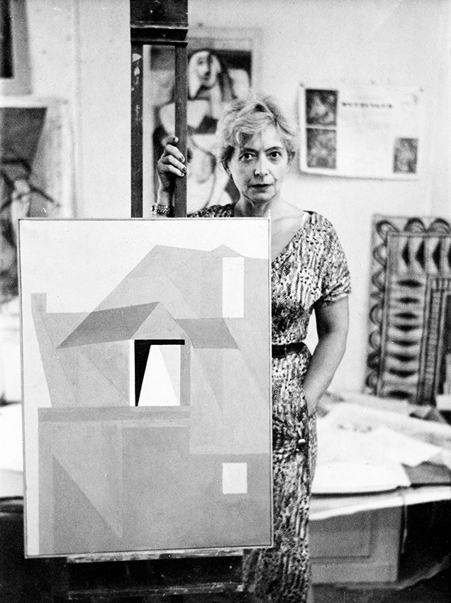 <p>Louise Henderson in her studio with<br />
Home in Dieppe 1957, circa 1957</p>