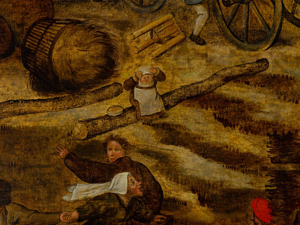 <p>A child with a porridge bowl and a child being held by their father in <em>A Village Fair</em>.</p>
