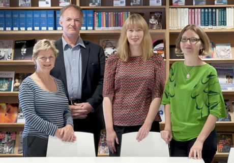 <p>From left to right: Project Team: Caroline McBride (Librarian, Auckland Art Gallery Toi o Tāmaki), Tim Jones (Librarian, Christchurch Art Gallery), Catherine Hammond (Research Library Manager, Auckland Art Gallery Toi o Tāmaki), and Jane Davidson-Ladd (Art Historian).</p>