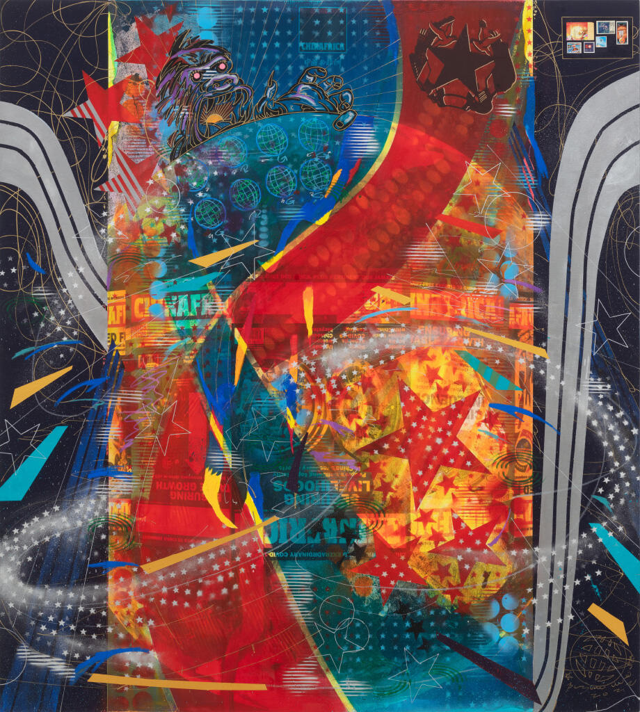 <p><strong>Pu Yingwei</strong>, <em>Purple King Kong: The Cosmic Entanglement of Red and Blue</em>, 2022, Acrylic, inkjet print on paper, postage stamps, spray paint, paint marker, silkscreen, oil stick, oil on canvas. Courtesy of the Artist and Hive Center for Contemporary Art.</p>
