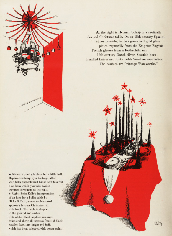 <p>Felix Kelly,&nbsp;Designs for Christmas decoration, table setting by Hicks &amp; Parr, <em>Harper&rsquo;s Bazaar</em>, 1958</p>