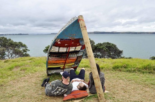 <p>Tiffany Singh, <em>Journey of a Million Miles Begins with One Step</em>, 2017, mixed media installation, Sculpture on the Gulf, Waiheke Island, Auckland. Image courtesy of the artist</p>