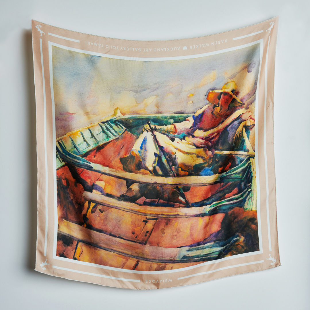 <p>Auckland Art Gallery X Karen Walker, <em>Girl in the Boat </em>Silk Scarf, 100% silk twill, 900 x 900mm, RRP $145,</p>