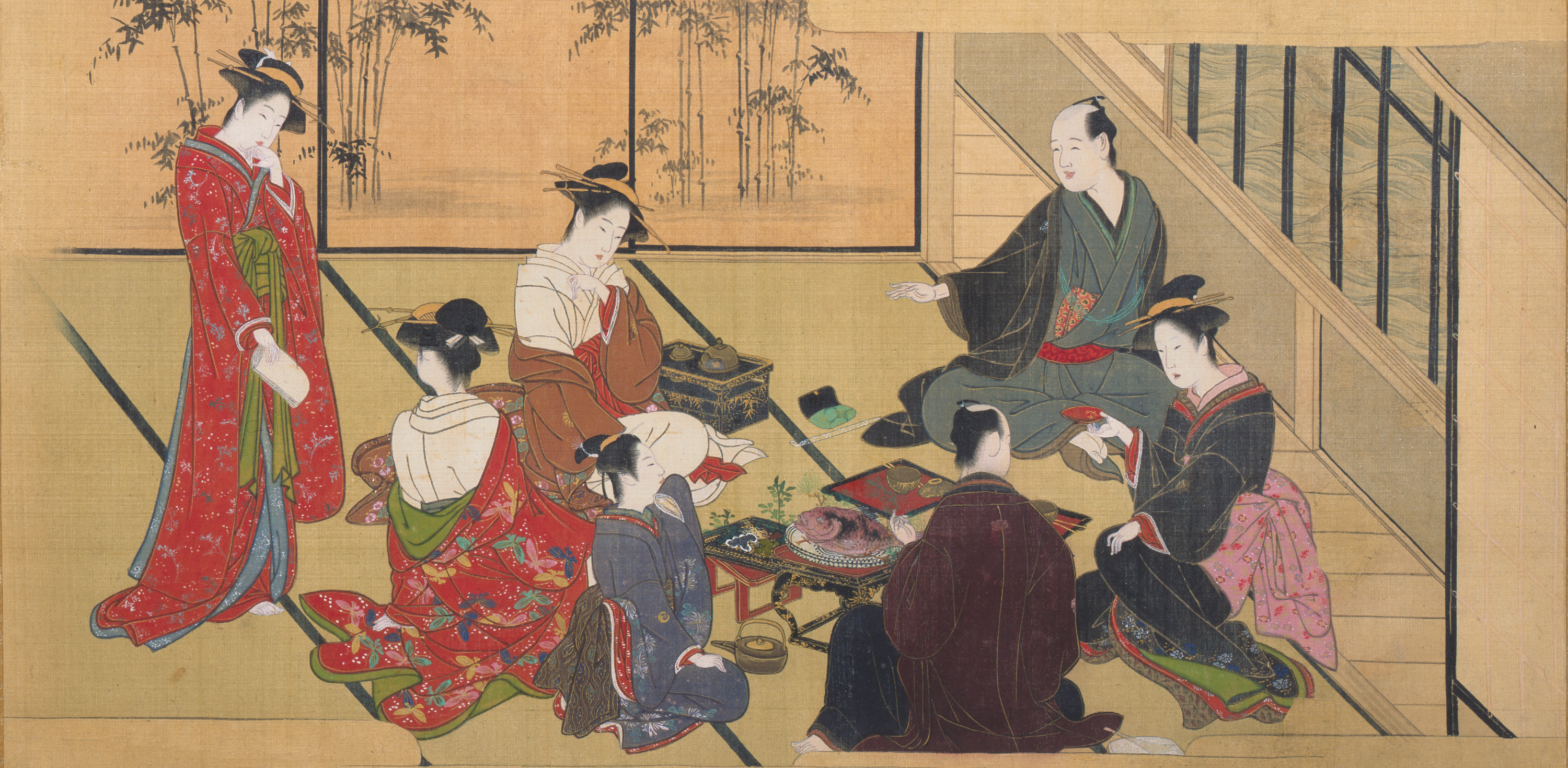 <p><strong>Katsukawa Shunsho,&nbsp;</strong><em>Banquet at the Green House</em>, circa 1788, hanging scroll, ink and colour on silk, courtesy Sumisho Art Gallery.&nbsp;</p>
