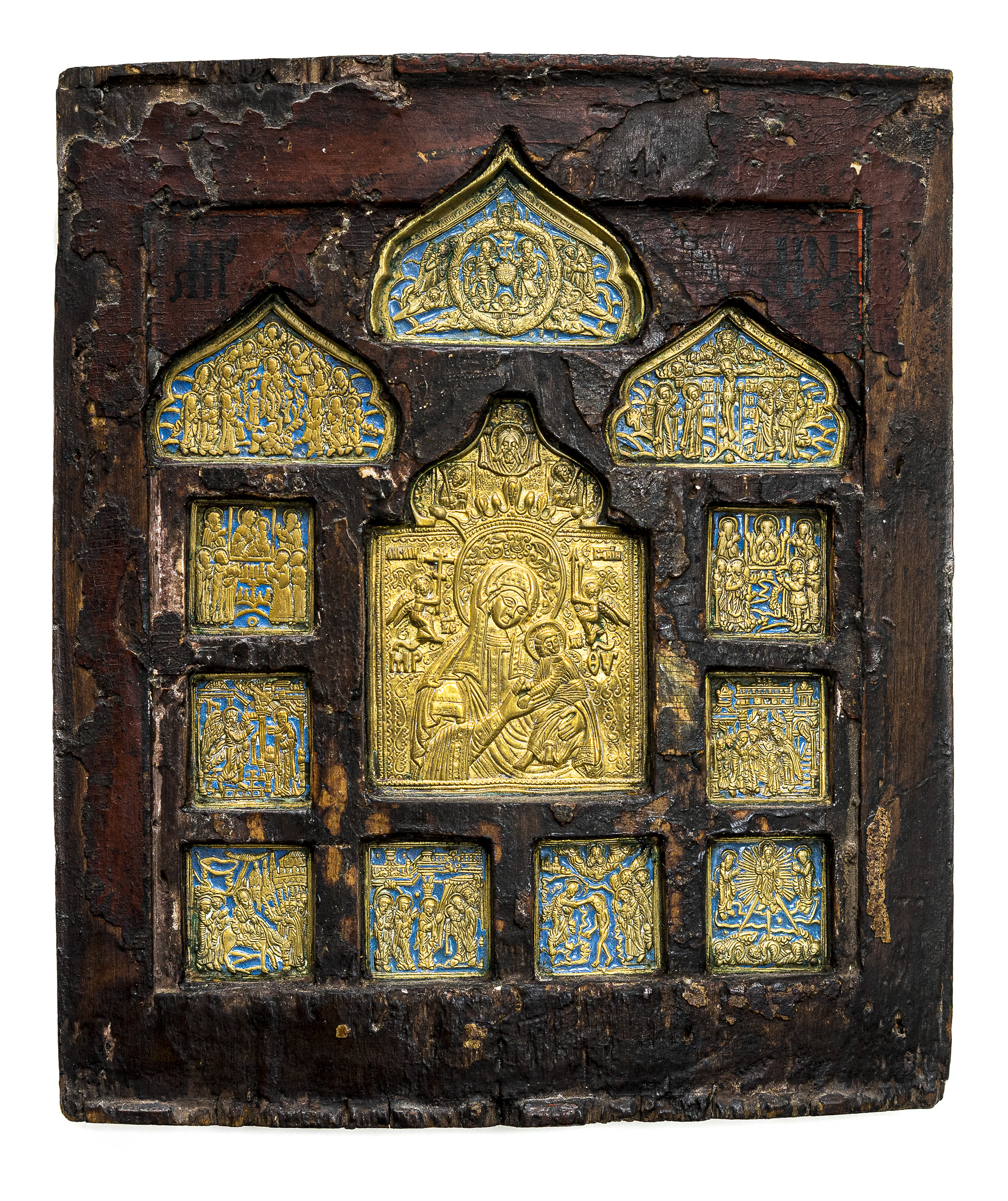 <p><i>Mother of God of the Passion</i>, Russia, 19th century,&nbsp;cast copper, brass and champlev&eacute; enamel inset into an earlier (pre-18th century) icon panel, private collection, Melbourne</p>
