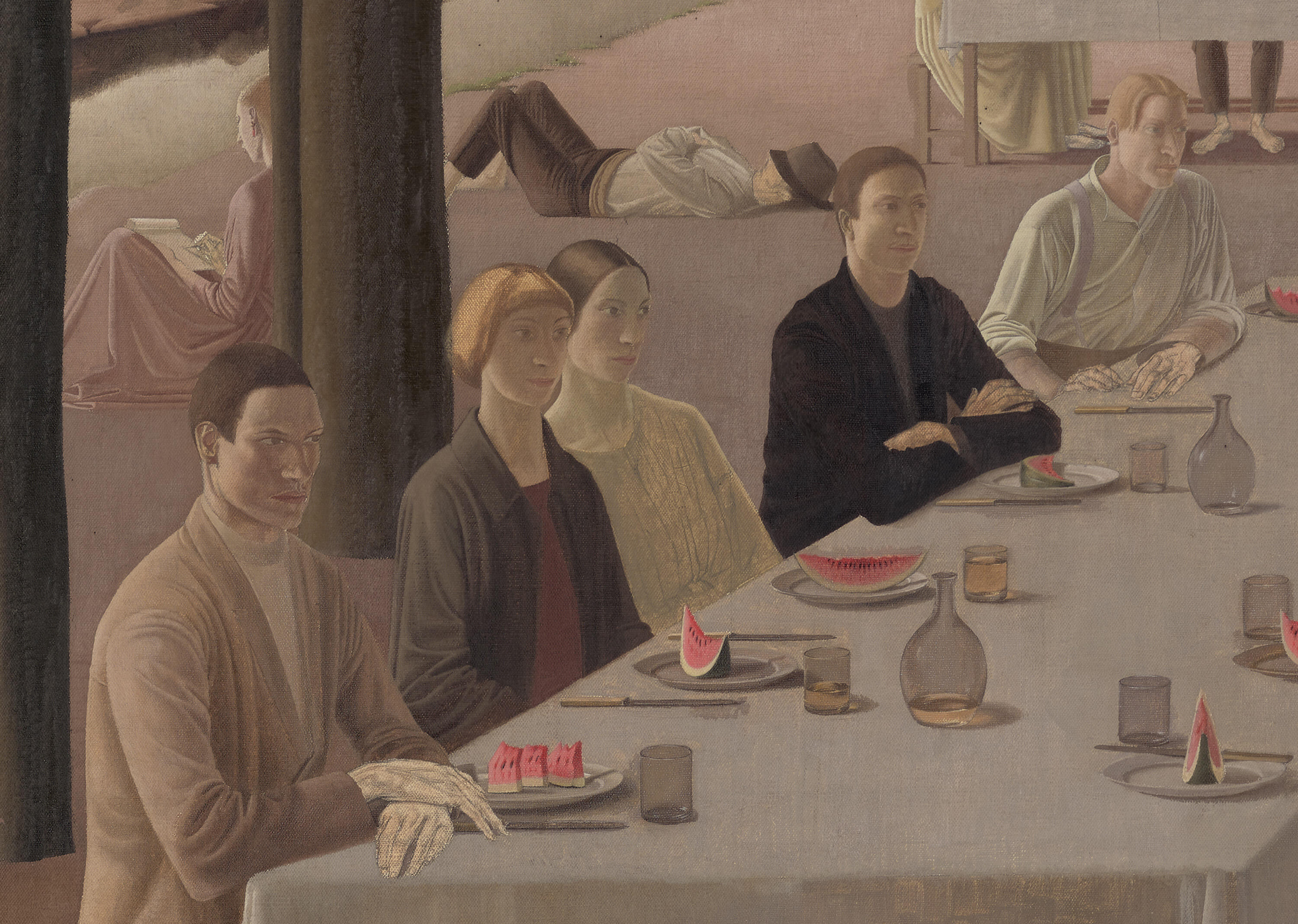 <p>Detail of&nbsp;<em>The Marriage at Cana, </em>showing<em>&nbsp;</em>Winifred Knights (third person from the left), her ex fianc&eacute;,&nbsp;artist Arnold Mason (in the black jacket, to her left) and her future husband, artist Tom Monnigton (sitting at the far end, in a white shirt). Artist Lilian Whitehead sits on Knights&#39; right.&nbsp;</p>
