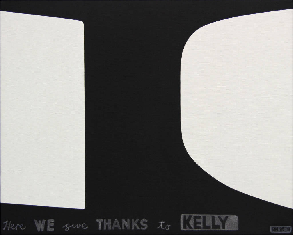 <p>Brent Harris,&nbsp;<em>Here We Give Thanks to Kelly</em>, 1988&ndash;2018, oil on linen,&nbsp;courtesy of the artist and Robert Heald Gallery, Wellington</p>
