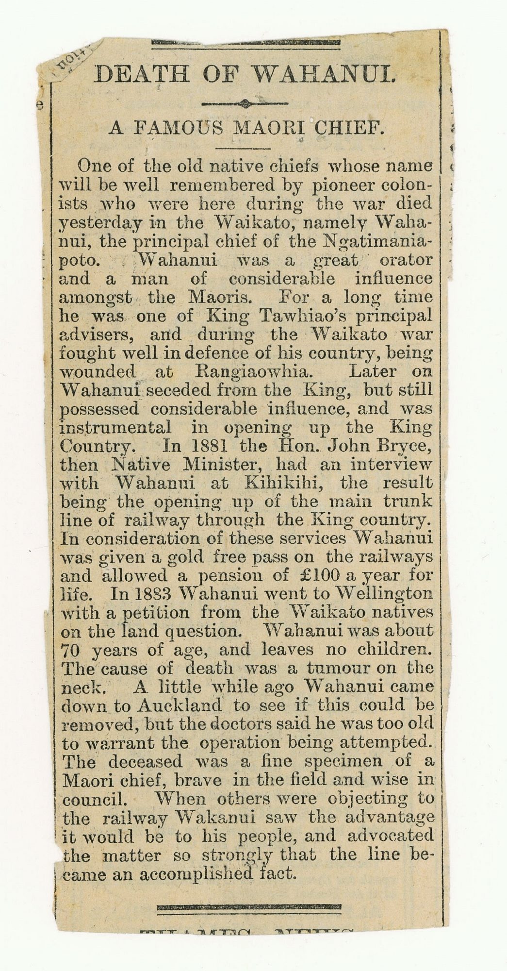 Death of Wahanui. A Famous Maori Chief.
