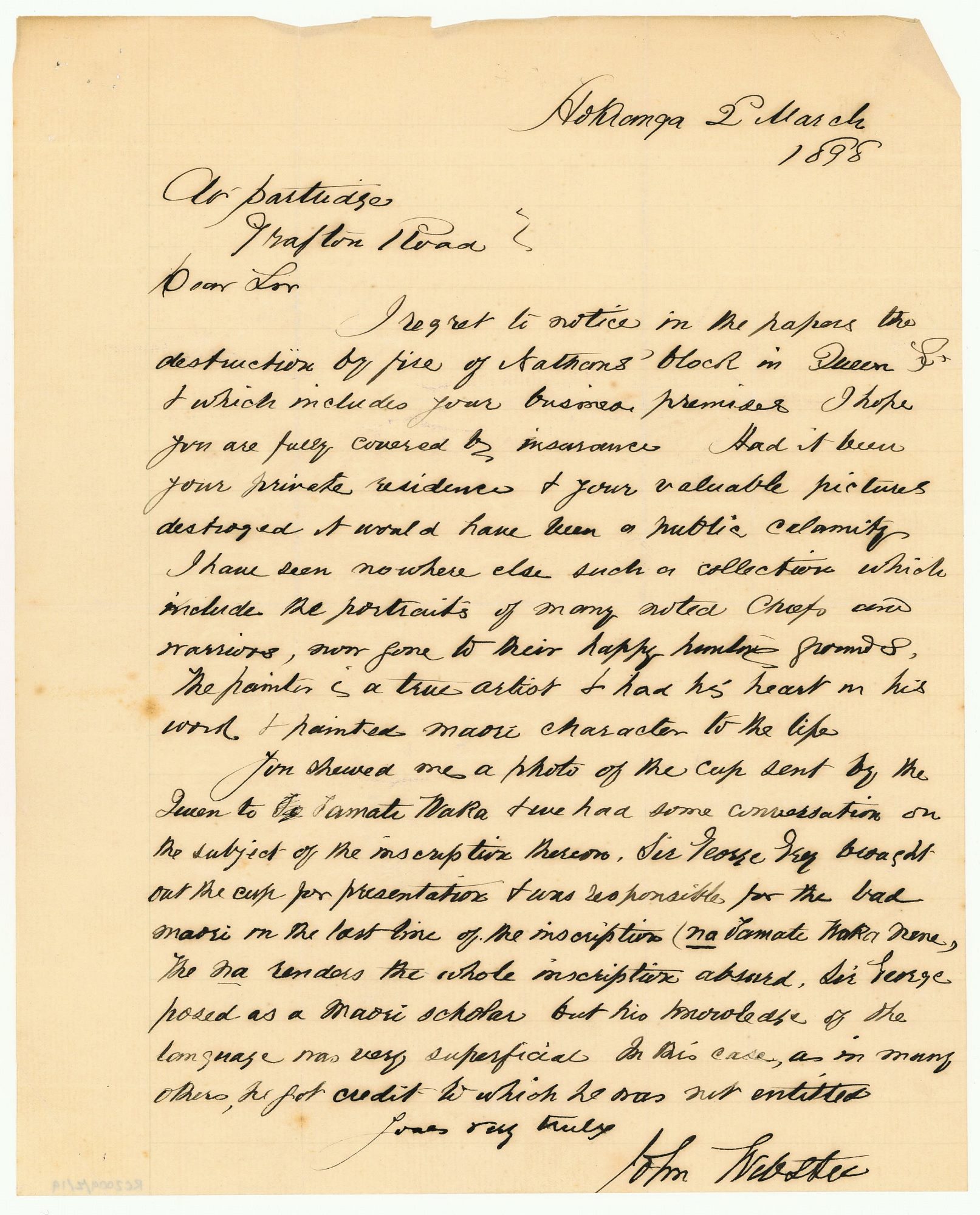 Letter to Henry Partridge from John Webster