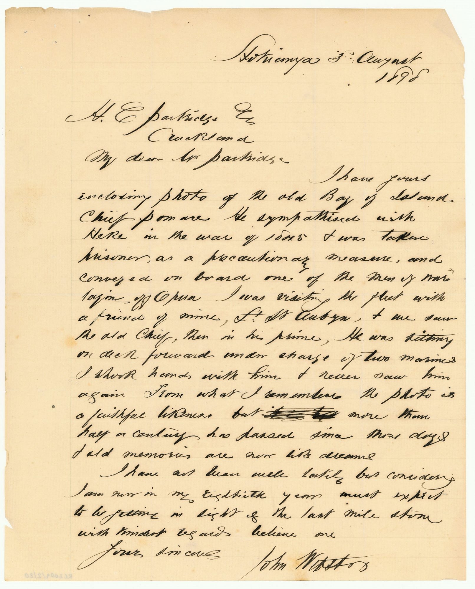Letter to Henry Partridge from John Webster