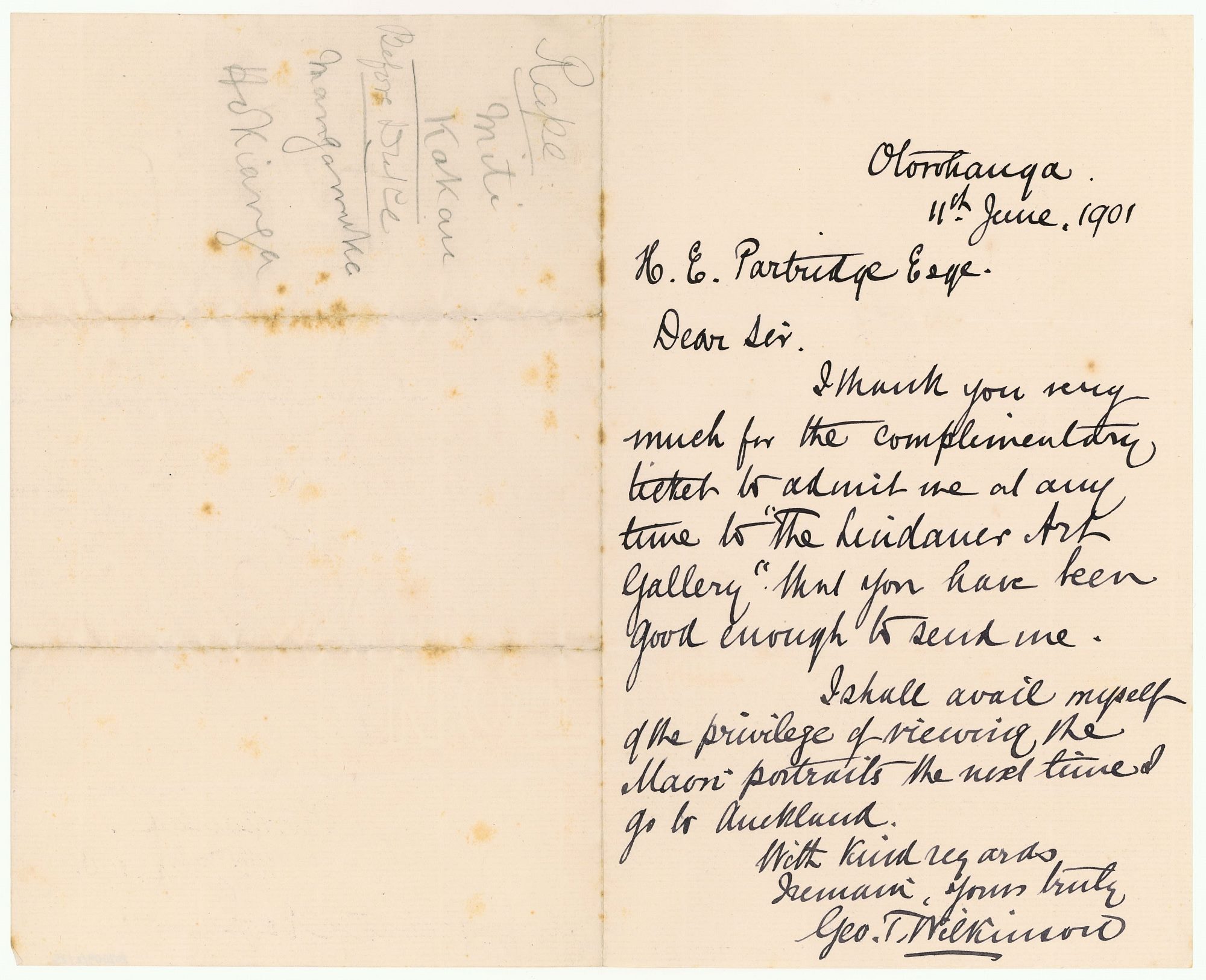 Letter to Henry Partridge from George Wilkinson