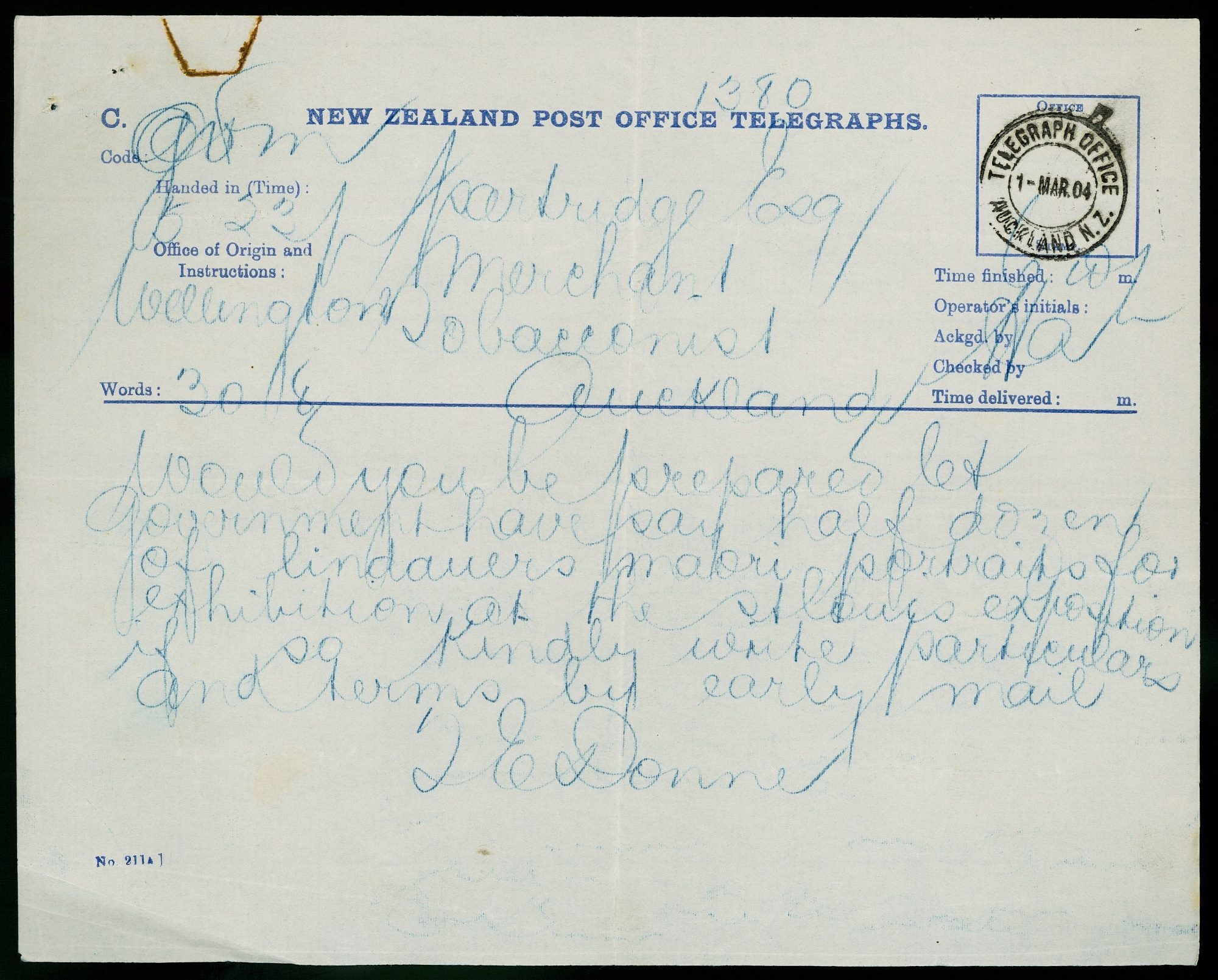 Telegram to Henry Partridge from T E Donne