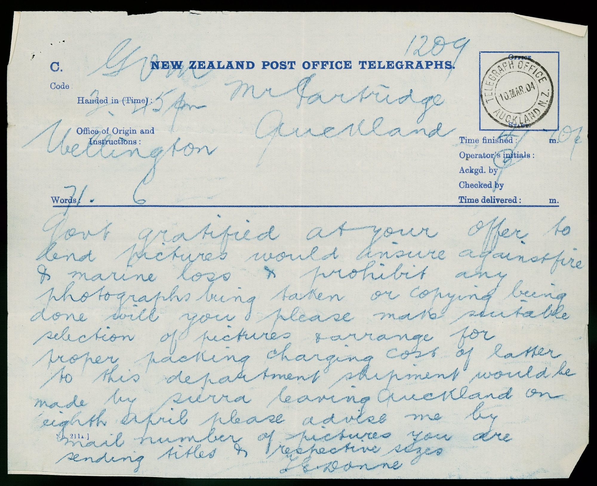 Telegram to Henry Partridge from T E Donne