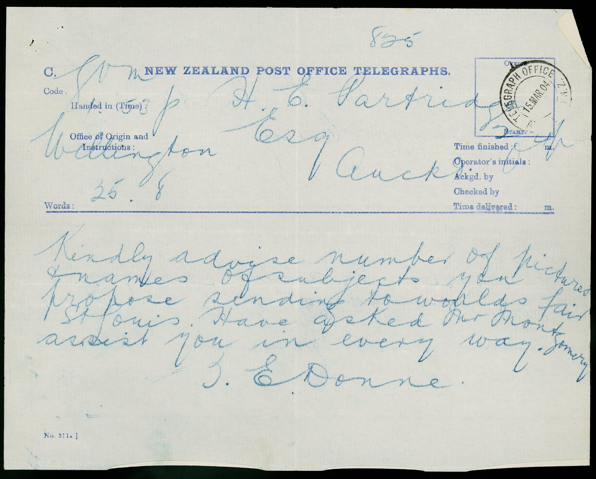 Telegram to Henry Partridge from T E Donne