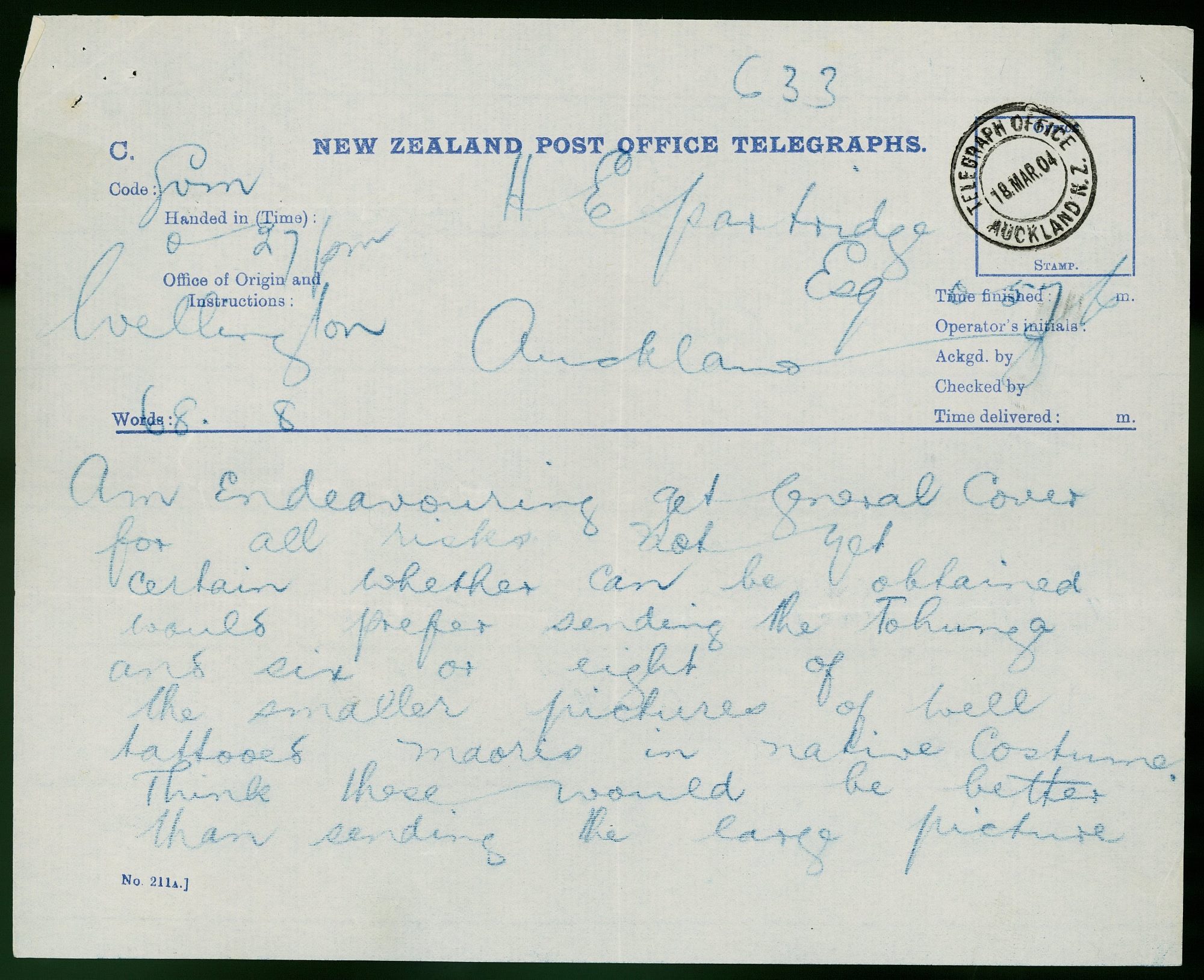 Telegram to Henry Partridge from T E Donne