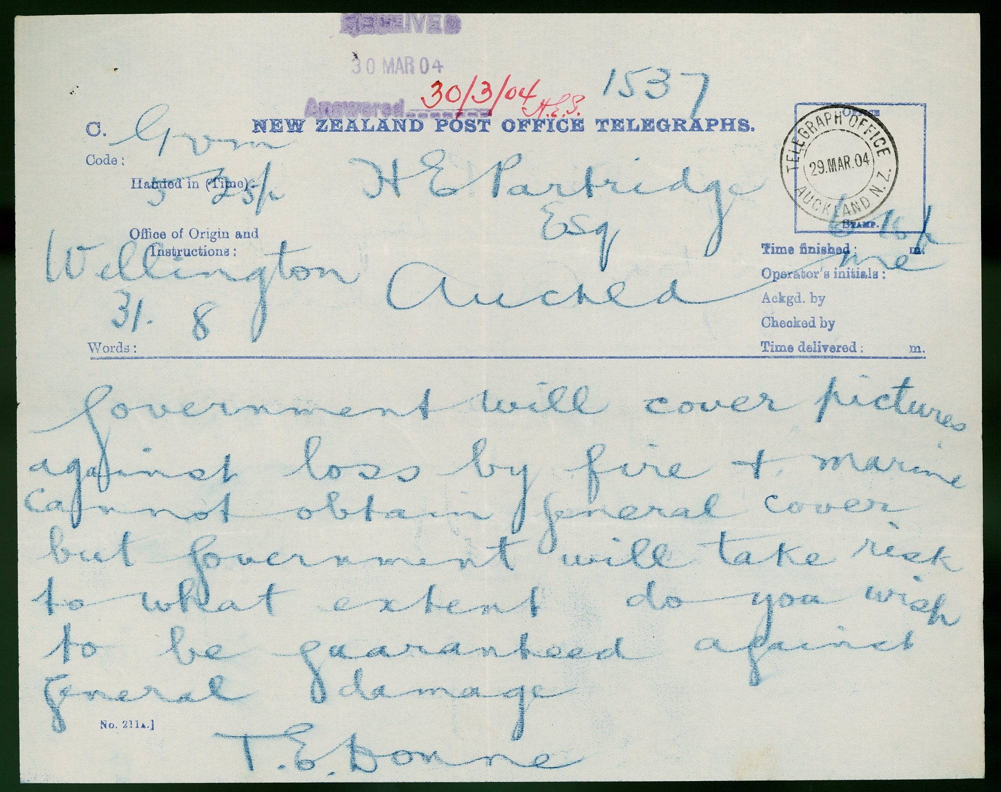 Telegram to Henry Partridge from T E Donne