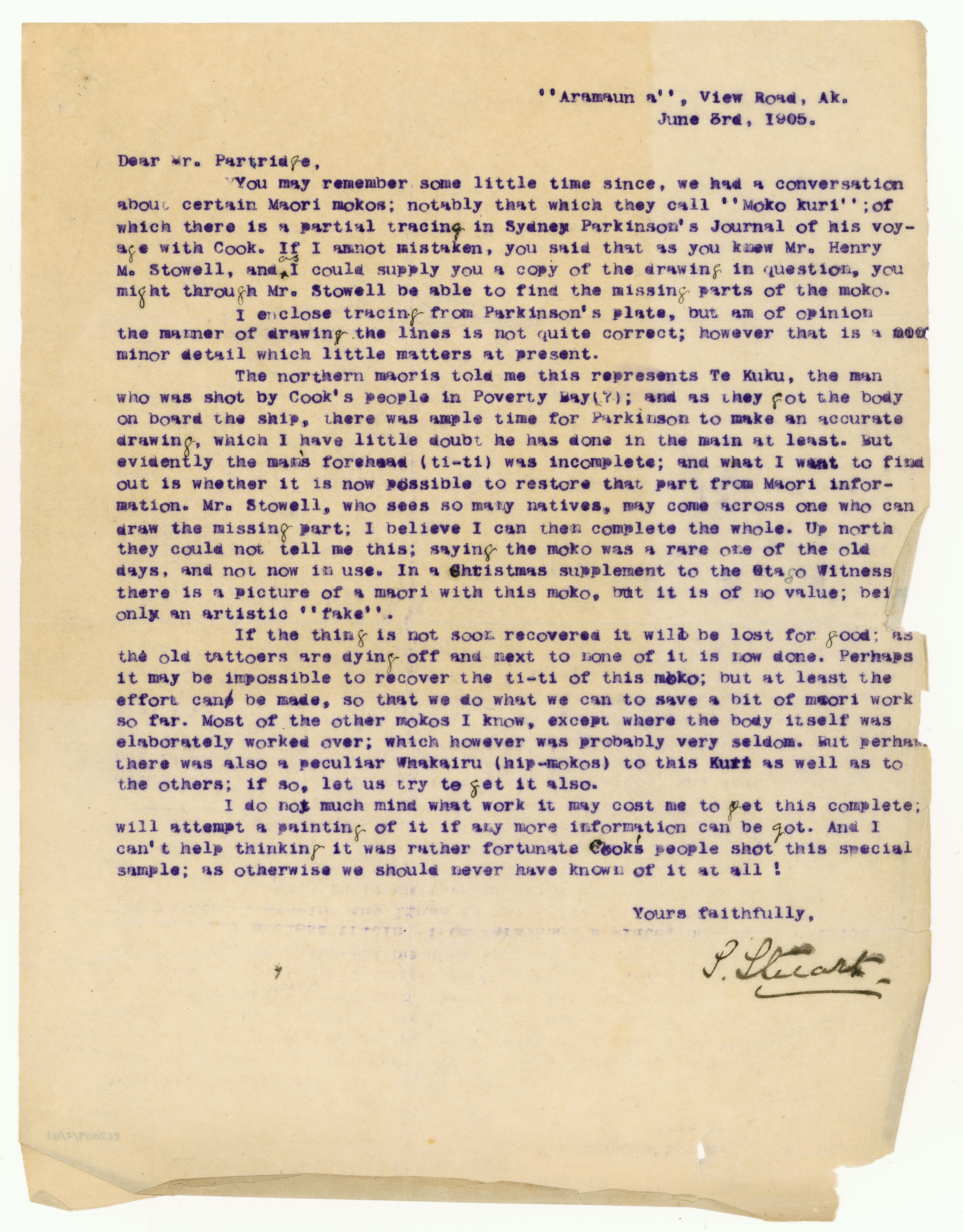 Letter to Henry Partridge from P Sticart