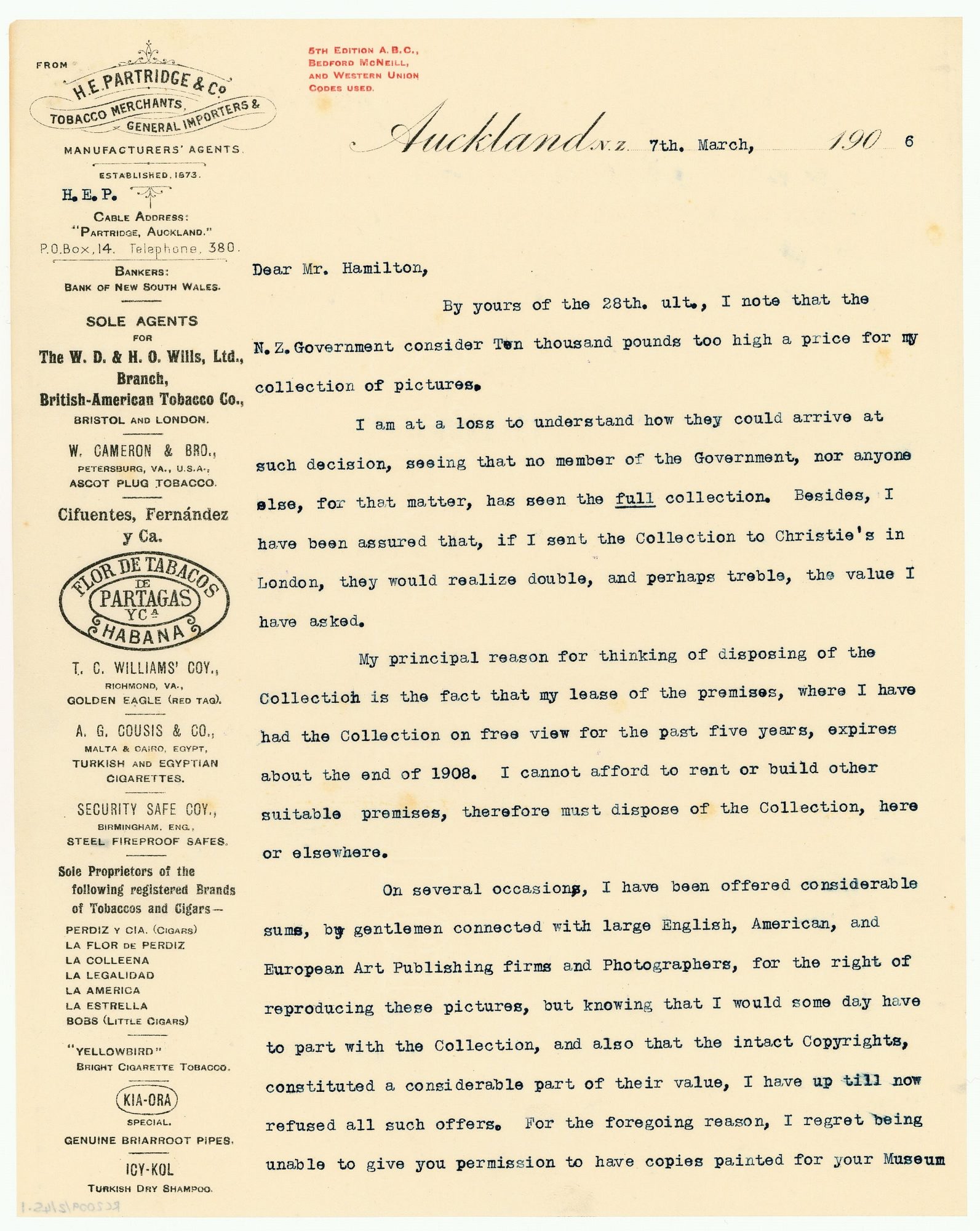 Letter to Augustus Hamilton from Henry Partridge