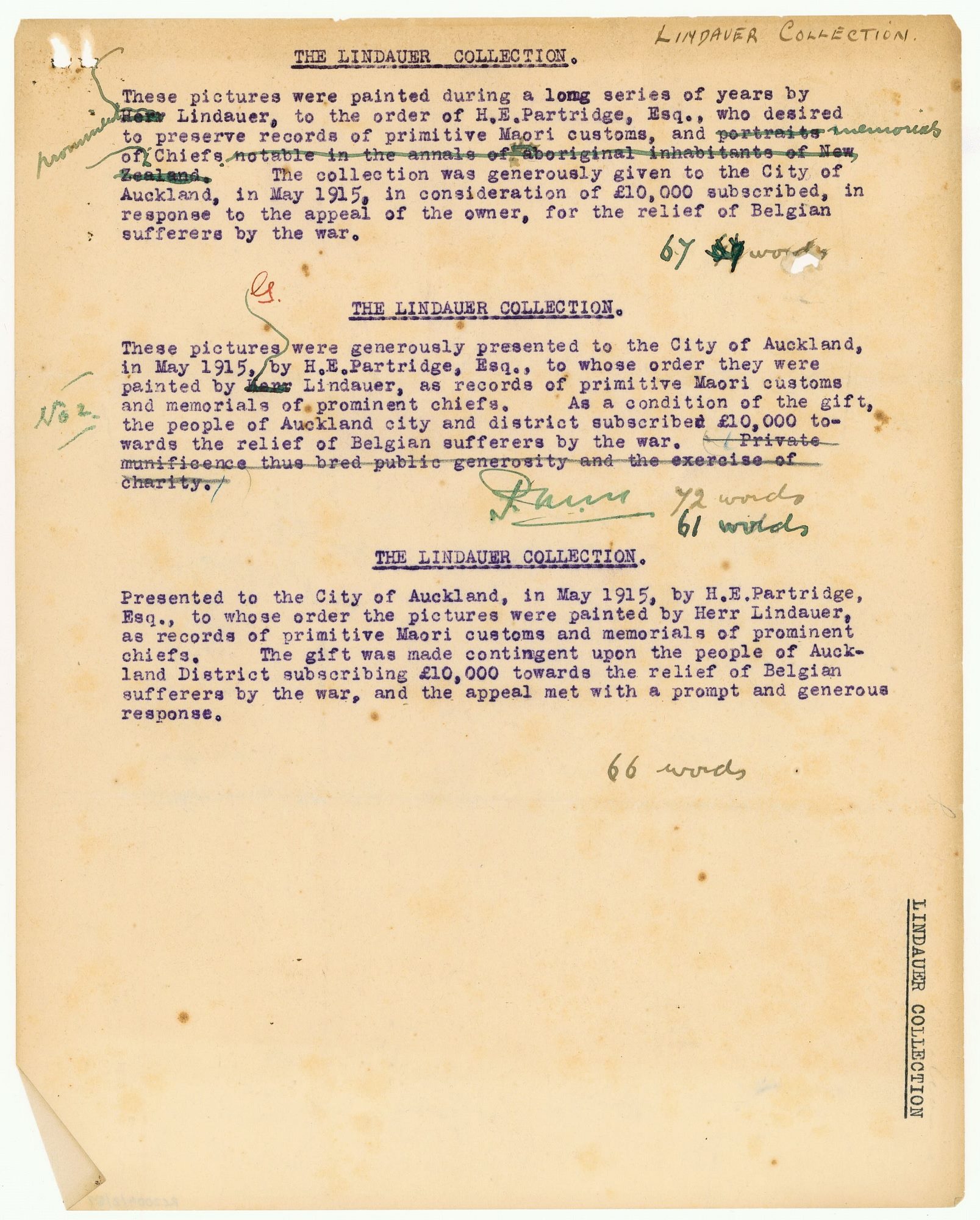 Draft text for tablet commemorating gift of the Partridge Collection