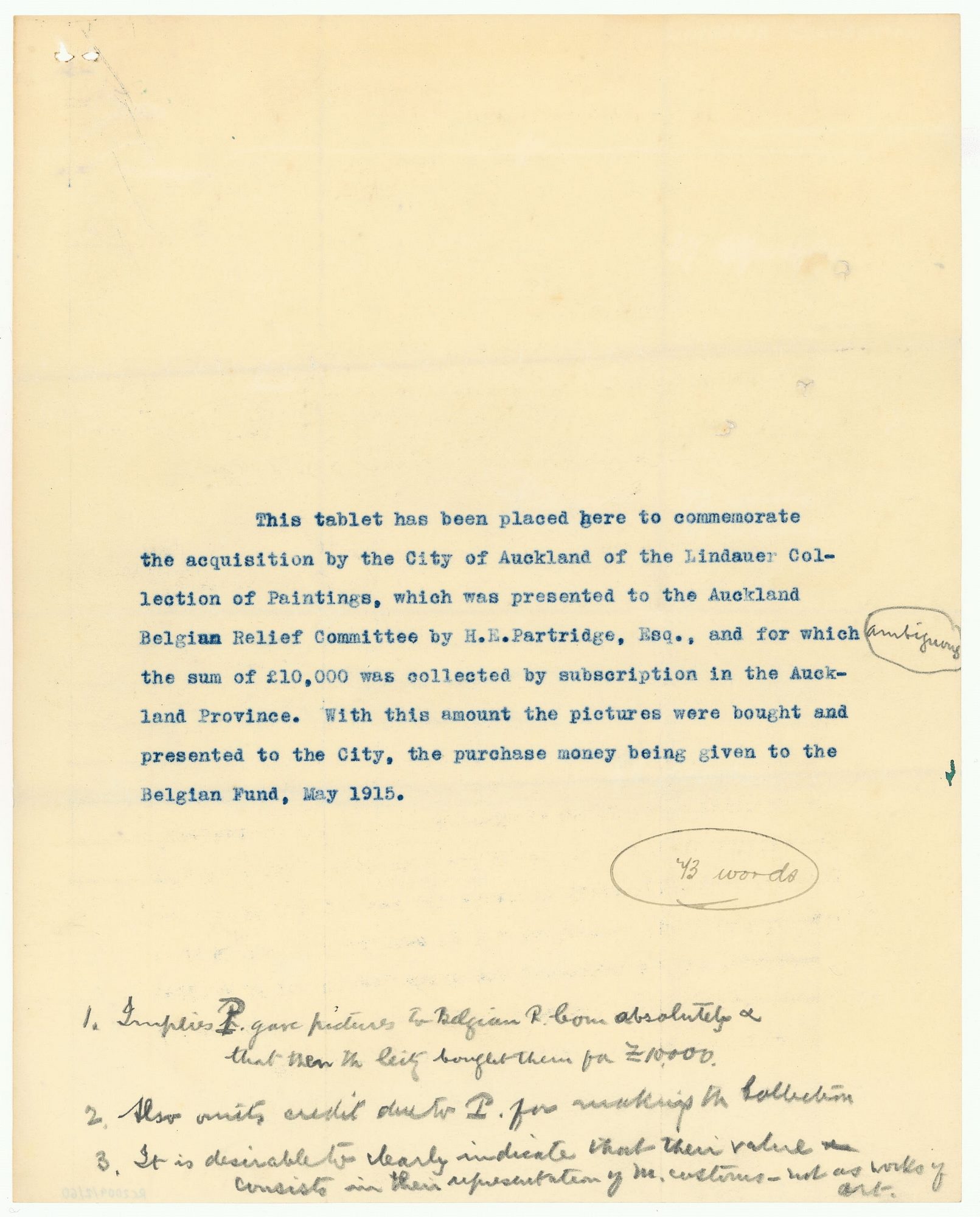 Draft text for tablet commemorating gift of the Partridge Collection