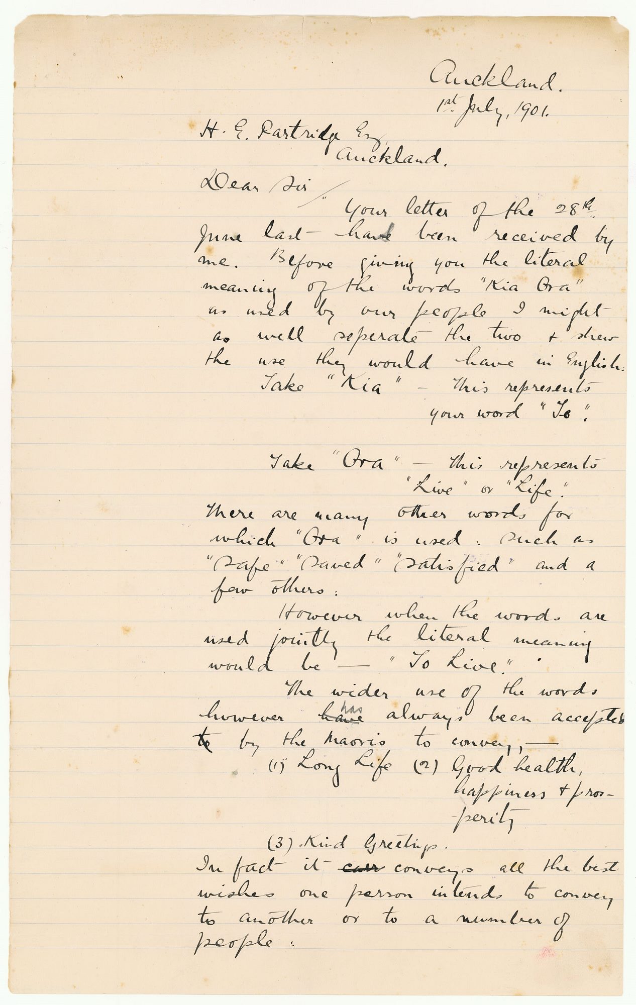 Letter to Henry Partridge from Hōne Heke