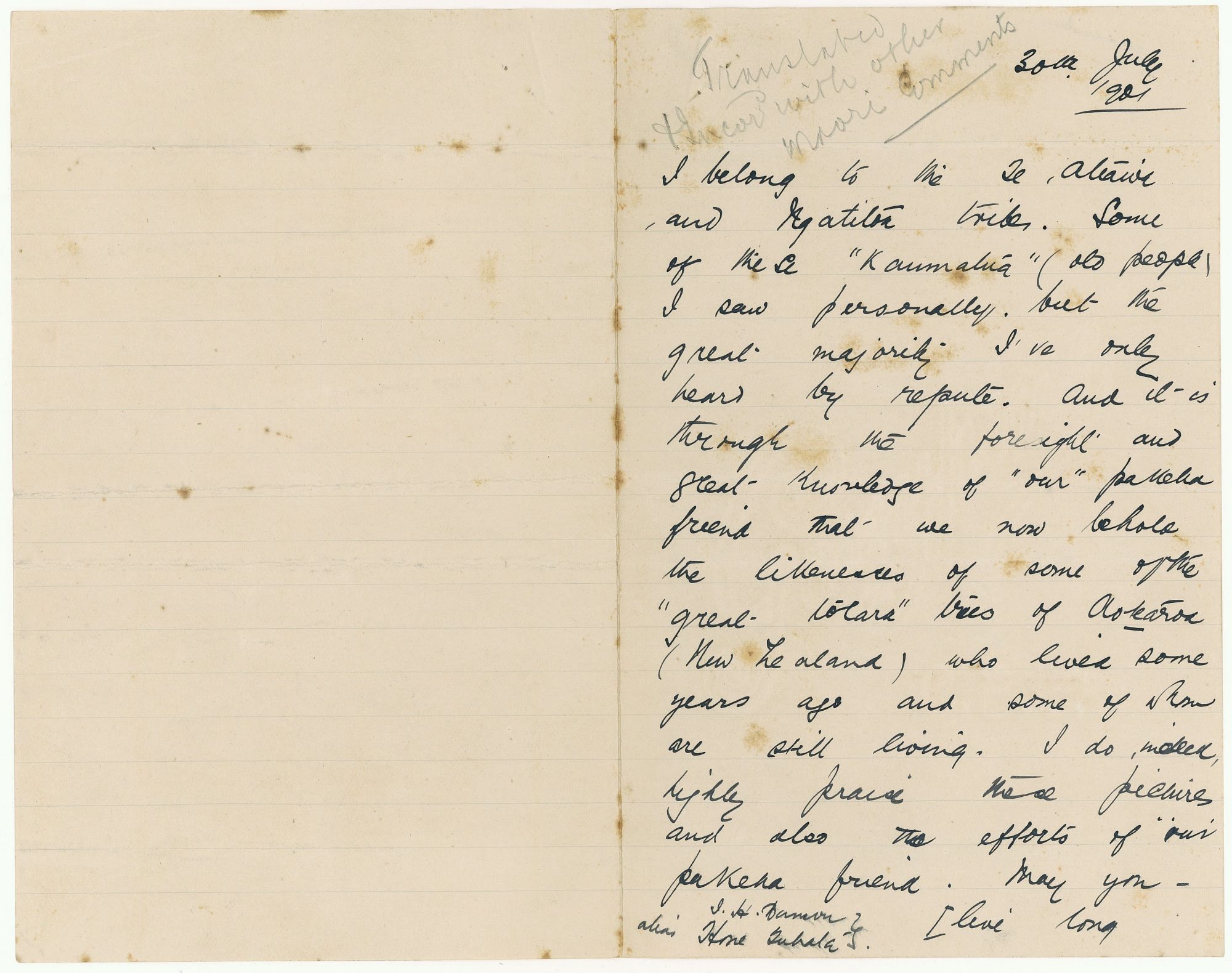 Letter to unknown recipient from Hone Tuhata