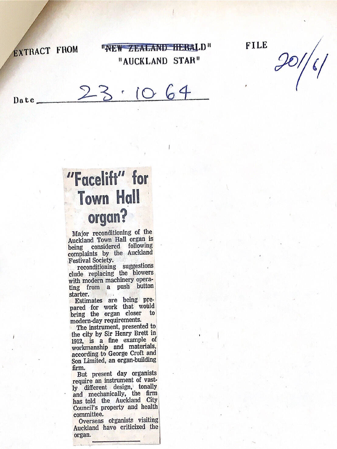 <p>Article from the Auckland Star, published 23 October 1964 | Auckland City Council Archives ACC 201/61</p>
