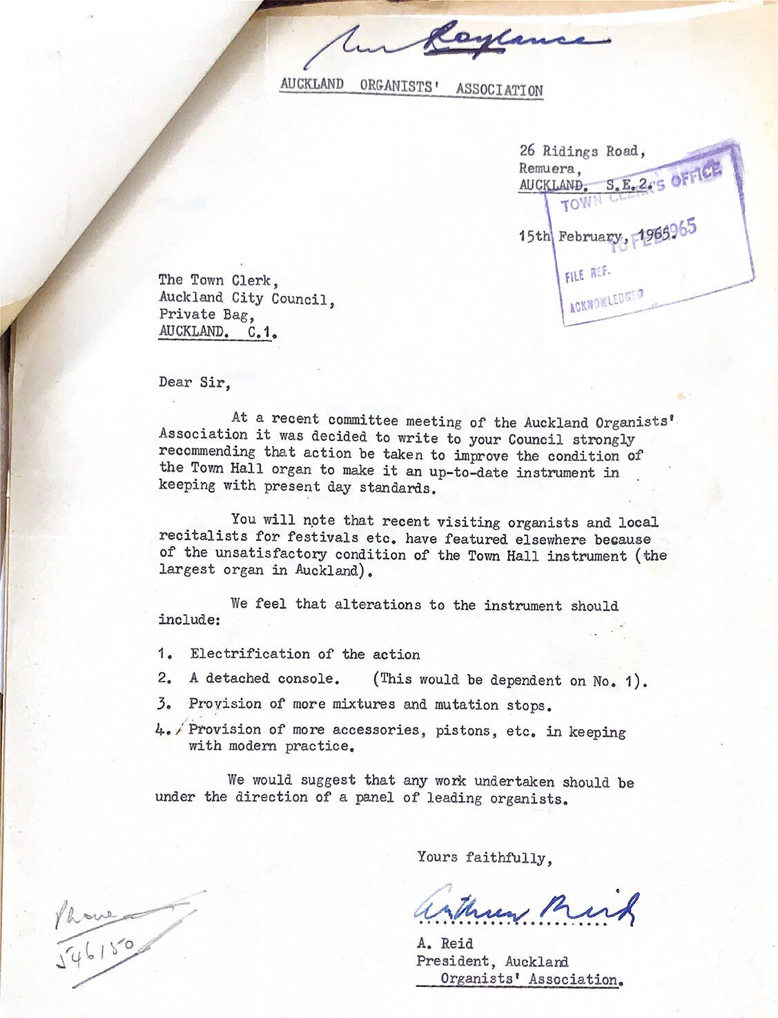<p>The Auckland Organists&#39; Association&#39;s 1965 Letter to Auckland Council writing with recommendations of alterations to the Auckland Town Hall instrument | ACC 275/61-201</p>
