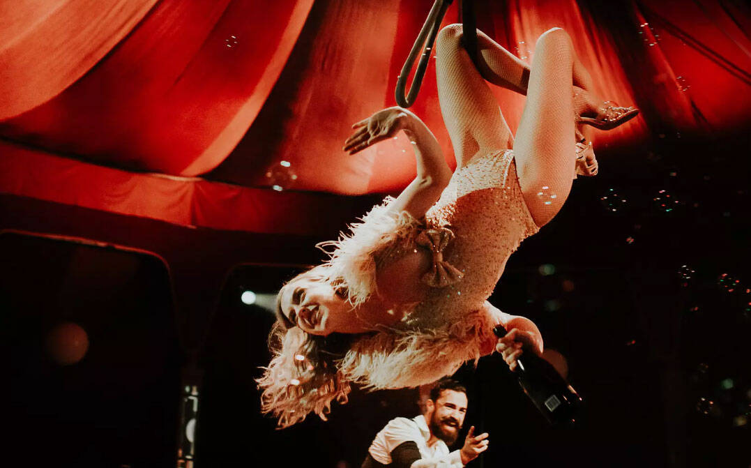Circus performer hanging upside down in a glittery suit smiling